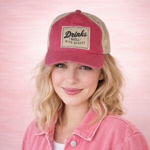 Vintage Karma Style Trucker Hat “Drinks Well With Others” Pink Mesh Snapback Cap
